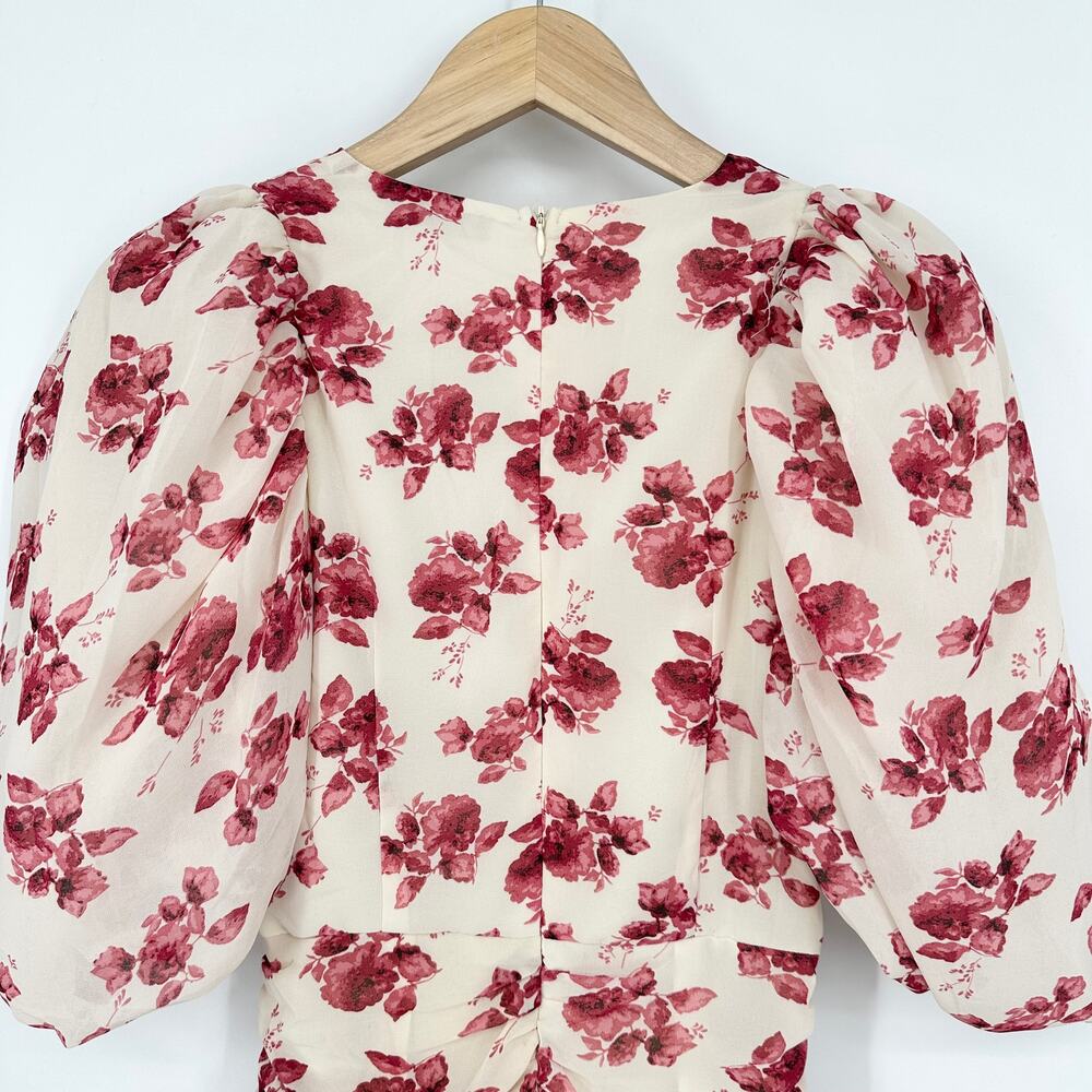 Nasty Gal Floral Puff Sleeve Wrap Mini Dress V-Neck Ruched Ruffle, Pastel Pink - Picture 9 of 11
